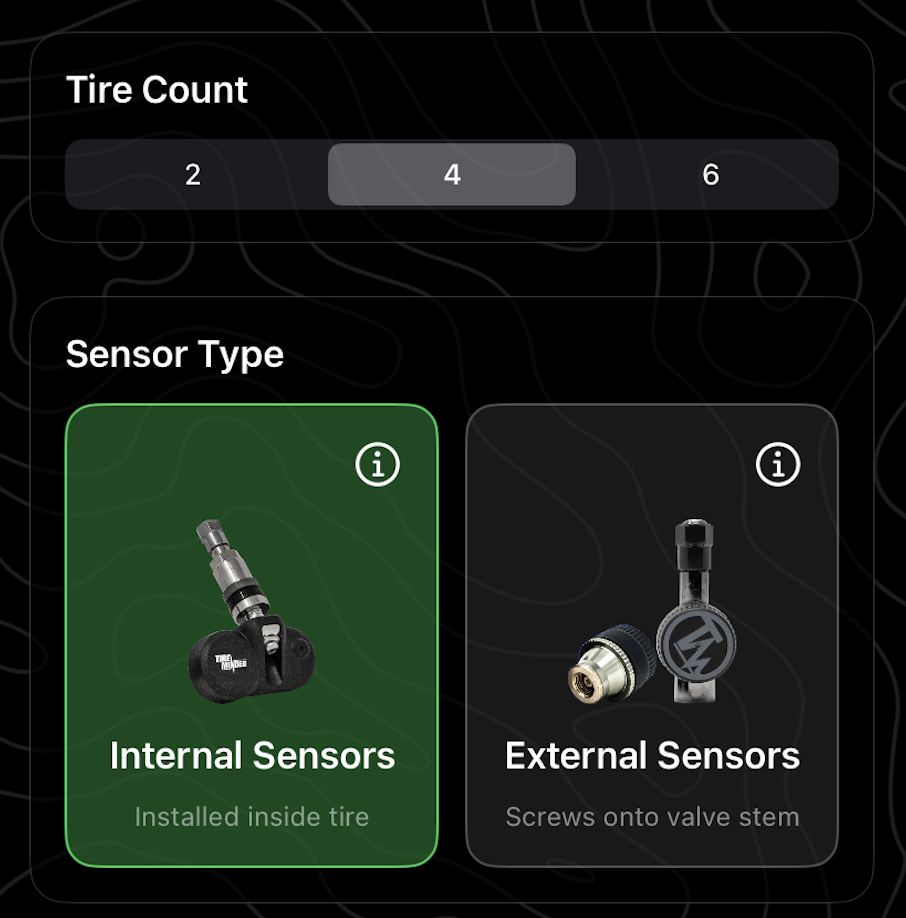 Tire count and sensor type screen