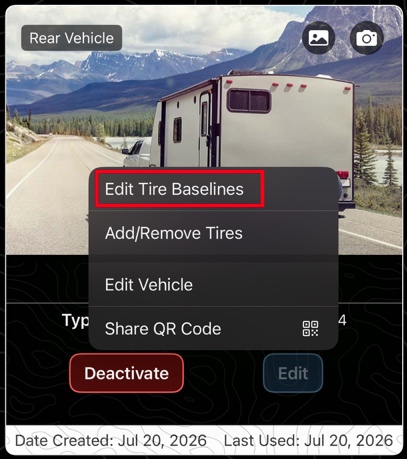 Edit Tire Baselines menu