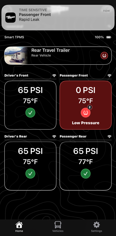 TireMinder app home screen with low-pressure alert