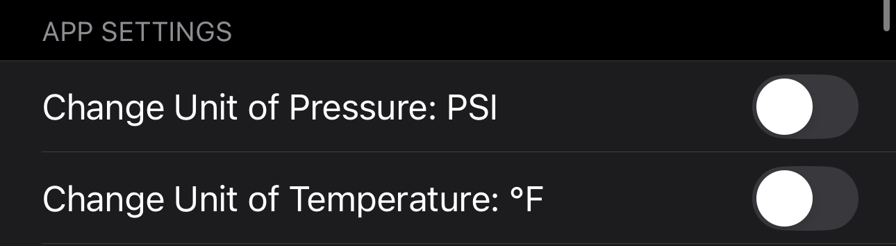 App settings pressure and temperature toggles