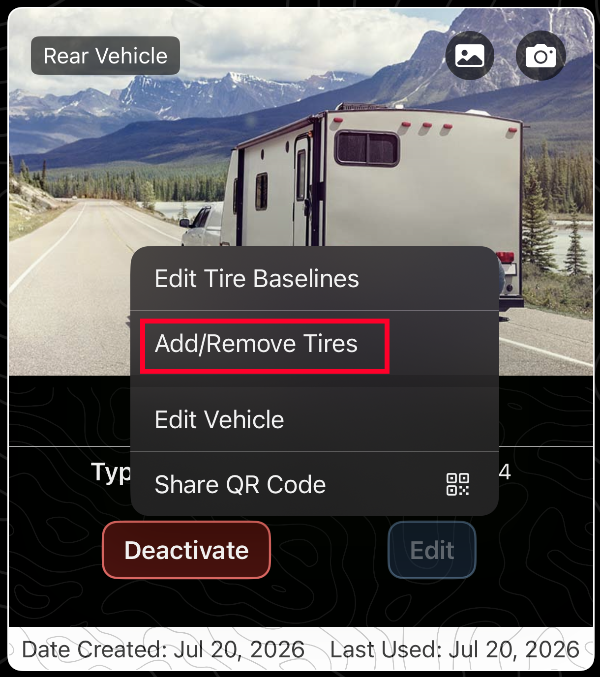 Add Remove Tires menu